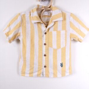 Zara Button Up Shirt Kids 9-12 Months Yellow Striped Linen Blend Short Sleeve